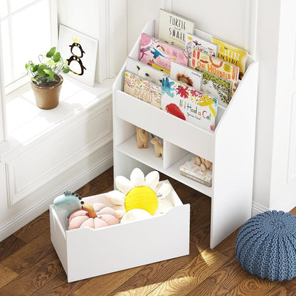 UTEX Kids Bookshelf with Movable Toy Box, Toddler Book Shelf and Toy Storage, Children Book Display Rack Toy Chest Combo for Kids Room & Nursery, White