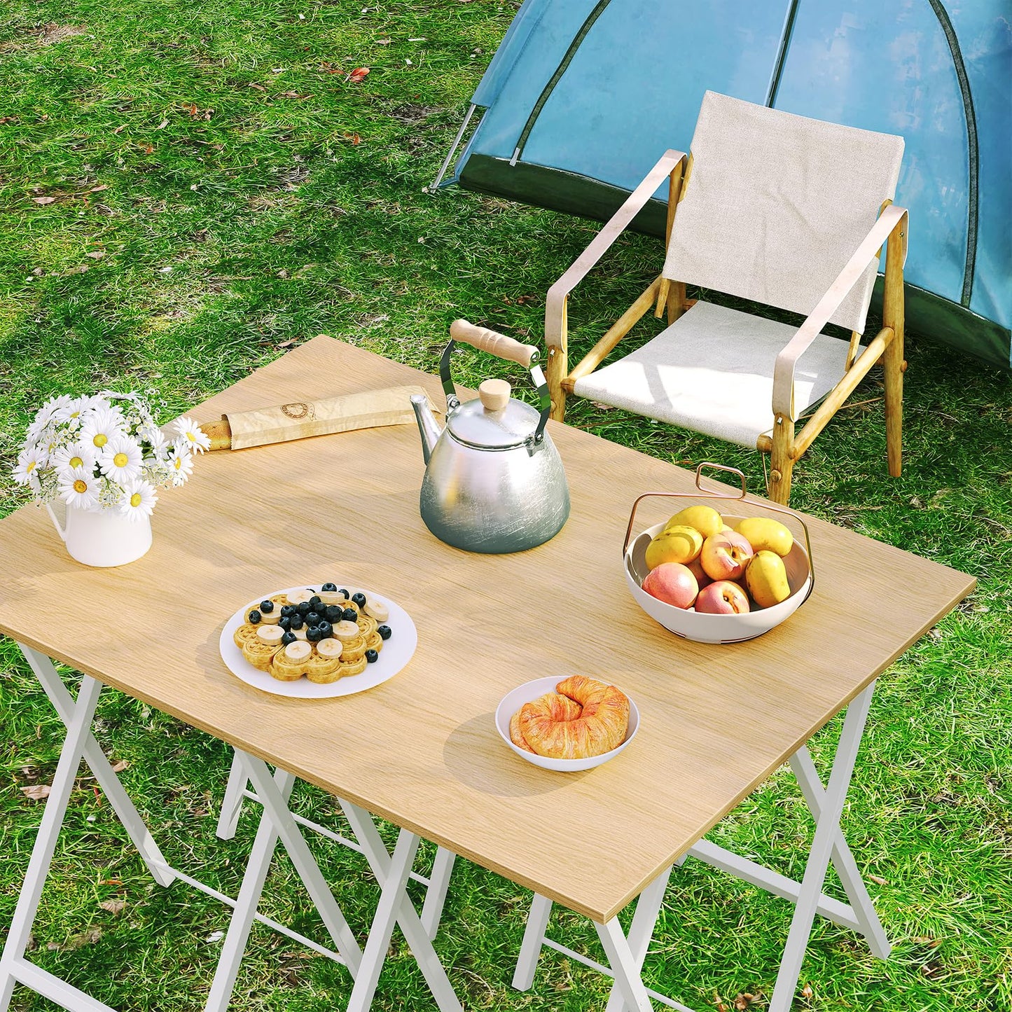 HOOBRO Folding TV Tray Tables, Set of 4 TV Trays with Storage Rack, Industrial Side Table for Eating at Couch, Foldable Snack Table for Small Space, Easy Assembly, Natural and White, WN50BZ01