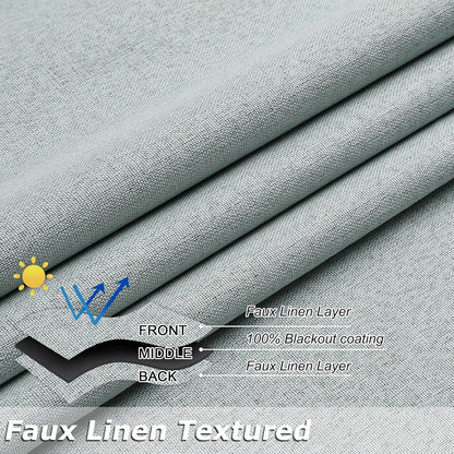 THOOO 100% Blackout Curtains - Natural Linen Textured Grommet Panels | 95-Inch Sage Green for Bedroom & Nursery