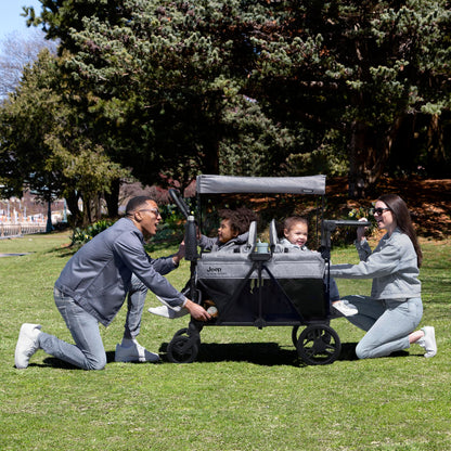 Delta Children - Jeep Aries Stroller Wagon - Premium Wagon for 2 Kids with Convertible Seats, Adjustable Push/Pull Handles, Removable Canopy & Flat Fold - Greenguard Gold Certified, Grey