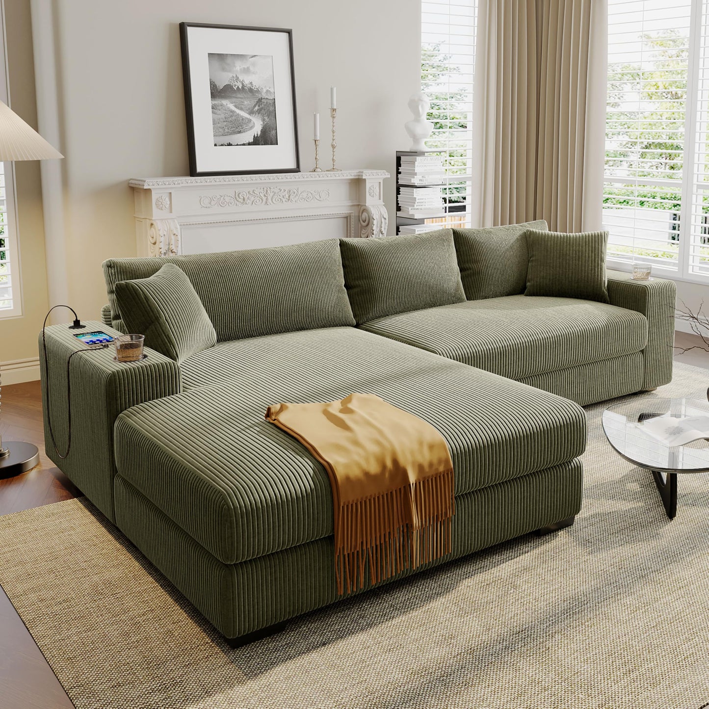 Merax Modern Oversized L-Shaped Sectional Sofa with USB Charging Port,Cup Holder, Comfy Corduroy 4-Seat Couch Set Sleeper Bed for Living Room,Green