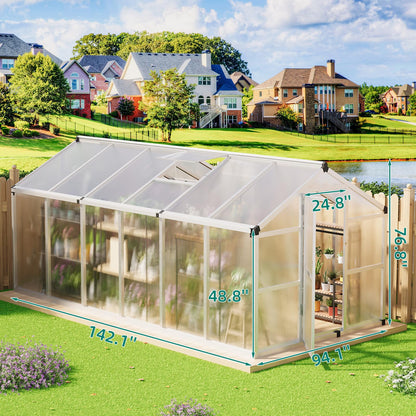 8x12 FT Greenhouse - Large Aluminum Greenhouses for Outdoors, Heavy Duty Polycarbonate Greenhouse with Roof Vent&Ground Nails, Walk-in Green Houses for Garden, Backyard, Patio, Easy Assembly