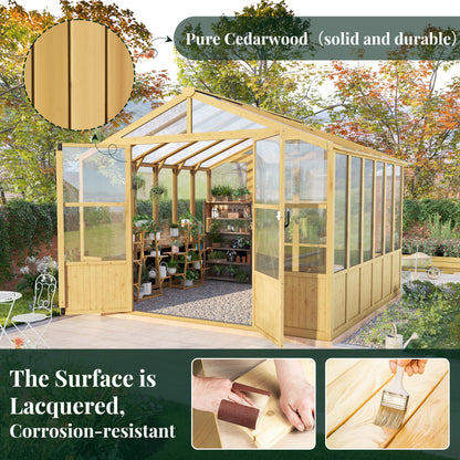 Jocisland 10x10 Ft Wood Greenhouse, Wooden Greenhouse for Outdoors with Lockable Door, Walk-in Cedar Greenhouse with Adjustable 2 Roof Vents, Polycarbonate Greenhouse for Outdoors, Garden, Backyard