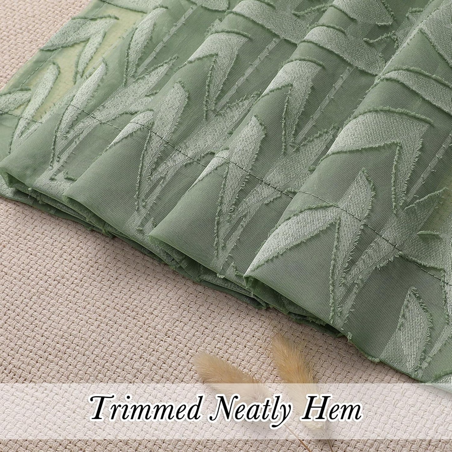 Leia 72 Inch Sheer Curtains Sage Green Panels Set of 2, Double Rod Pocket Window Living Room Curtain with Leaves, Light