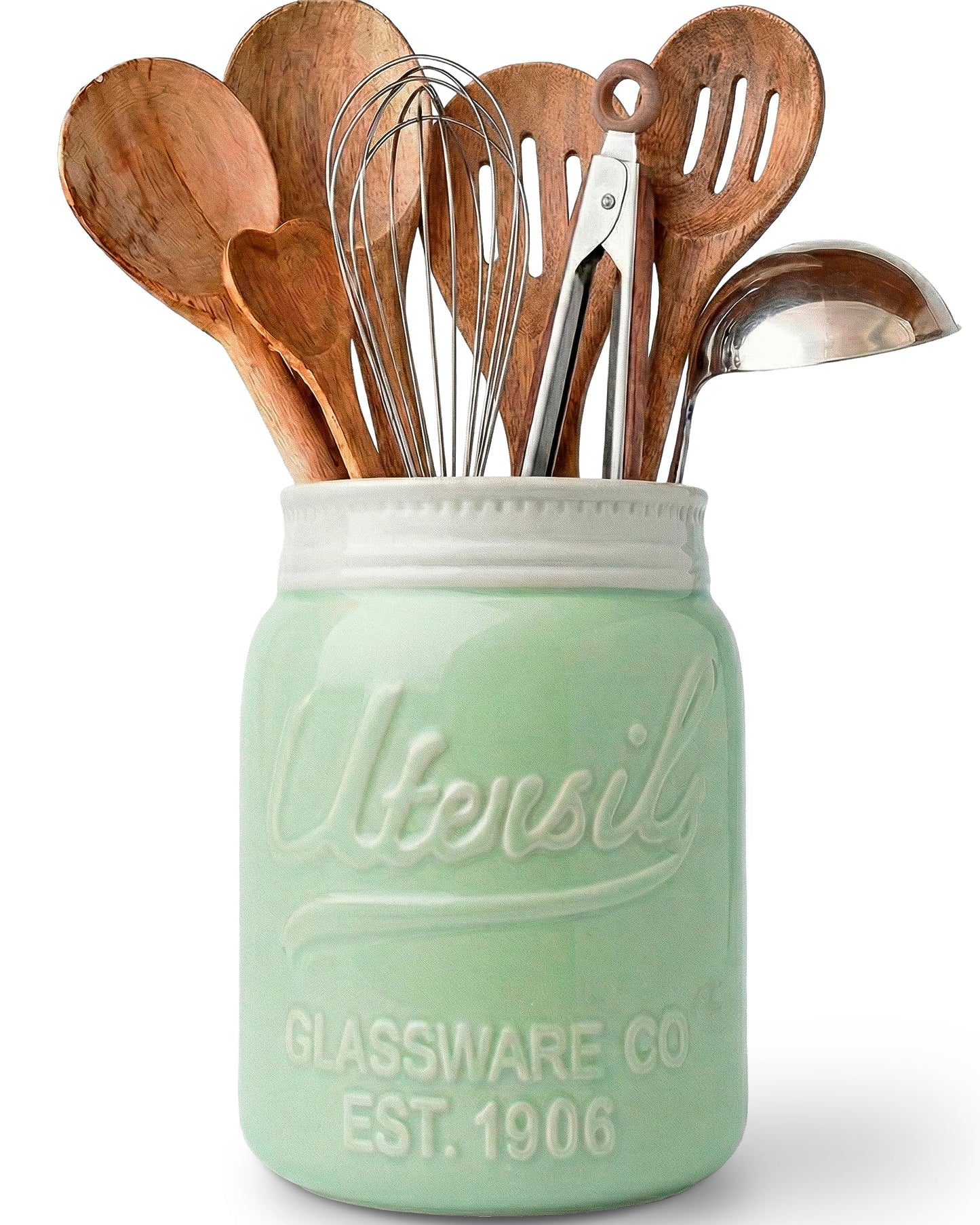 Comfify Wide Mouth Mason Jar Utensil Holder Decorative Kitchenware Organizer Crock, Dishwasher Safe - Kitchen Caddy Green, Large Size 7" Hight