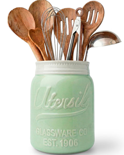 Comfify Wide Mouth Mason Jar Utensil Holder Decorative Kitchenware Organizer Crock, Dishwasher Safe - Kitchen Caddy Green, Large Size 7" Hight