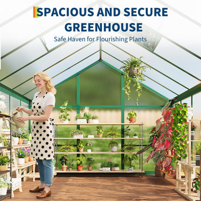 8X10 FT Greenhouse for Outdoors, Polycarbonate Flower Greenhouse with Roof Vent, Push-Pull Lockable Door, Aluminum Walk-in Greenhouses for Outside Garden Backyard, Patio, Lawn, Green