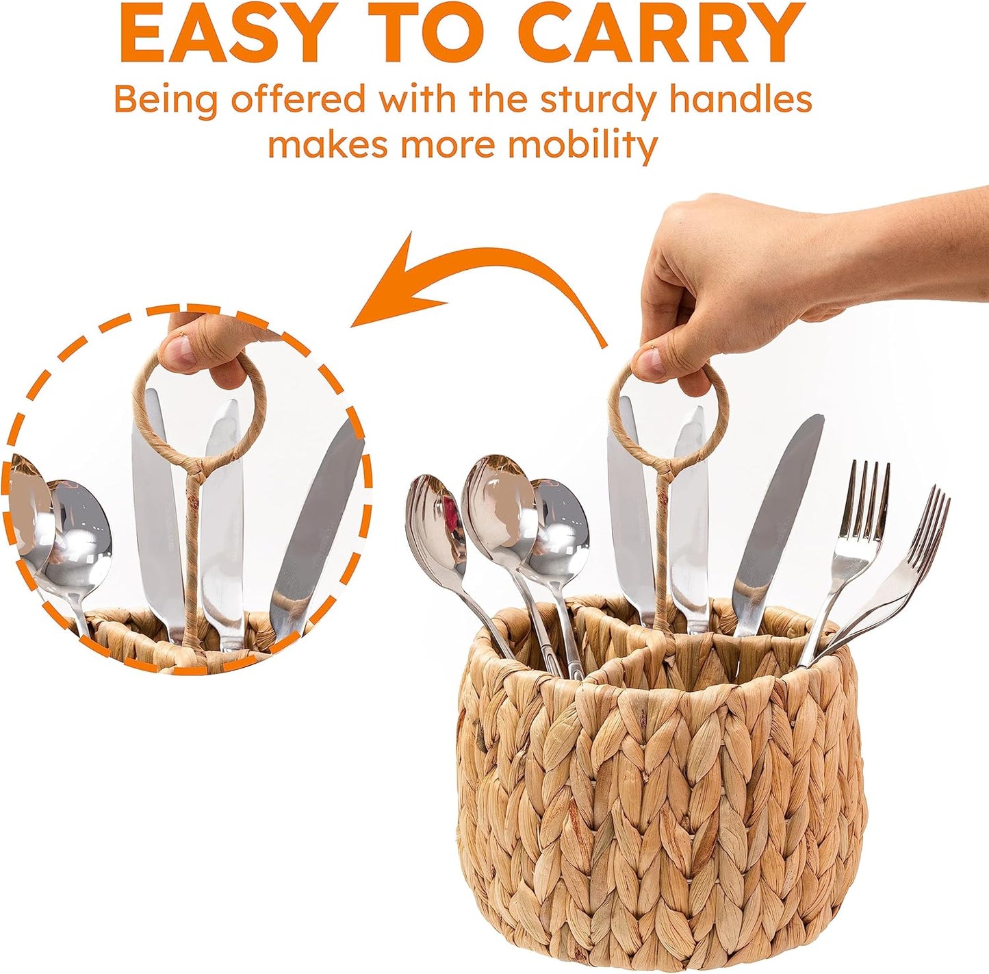 KOLWOVEN Wicker Flatware Organizer - Kitchen Utensil Holder for Countertop, Silverware Caddy with 3 Compartments