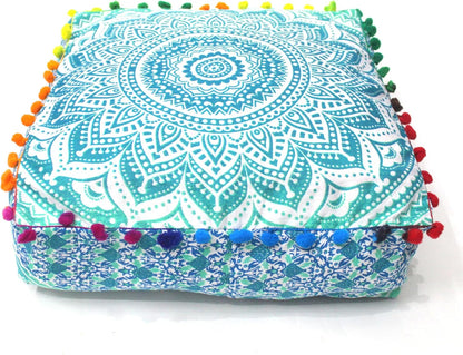 16" CRAFT KALA Green Ombre Large Hippie Mandala Meditation Floor Ottoman Pillow Cushion Pouf Cover Square Poufs