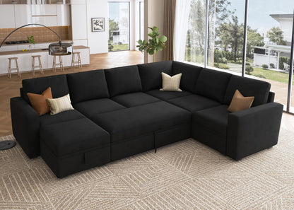 HONBAY Sectional Sleeper Couch with Pull Out Bed, U Shaped Sectional Sofa with Storage, Modular Velvet Sectional Couches for Living Room, Black