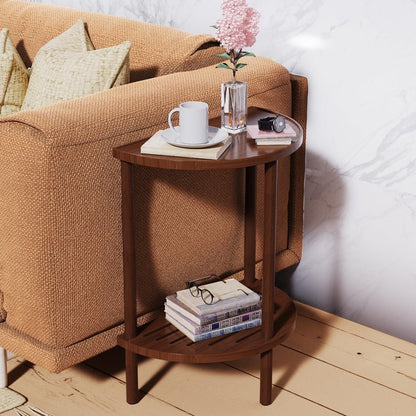 Skovtree End Table, Half Moon Side Tables, Living Room Half Round 2 Tier Tables, NightStand for Small Space in Living Room Bedroom, Couch Tables with Storage Shelf, Boho Side Table (Brown)