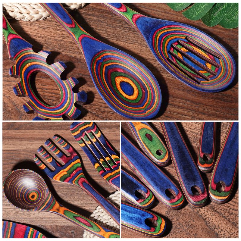MYRAINBOW Wooden Spoons for Cooking – 7 Piece Pakkawood Kitchen Utensils Set with Spatulas, Spoons, Ladles, and Turner for Mixing, Serving & Cooking