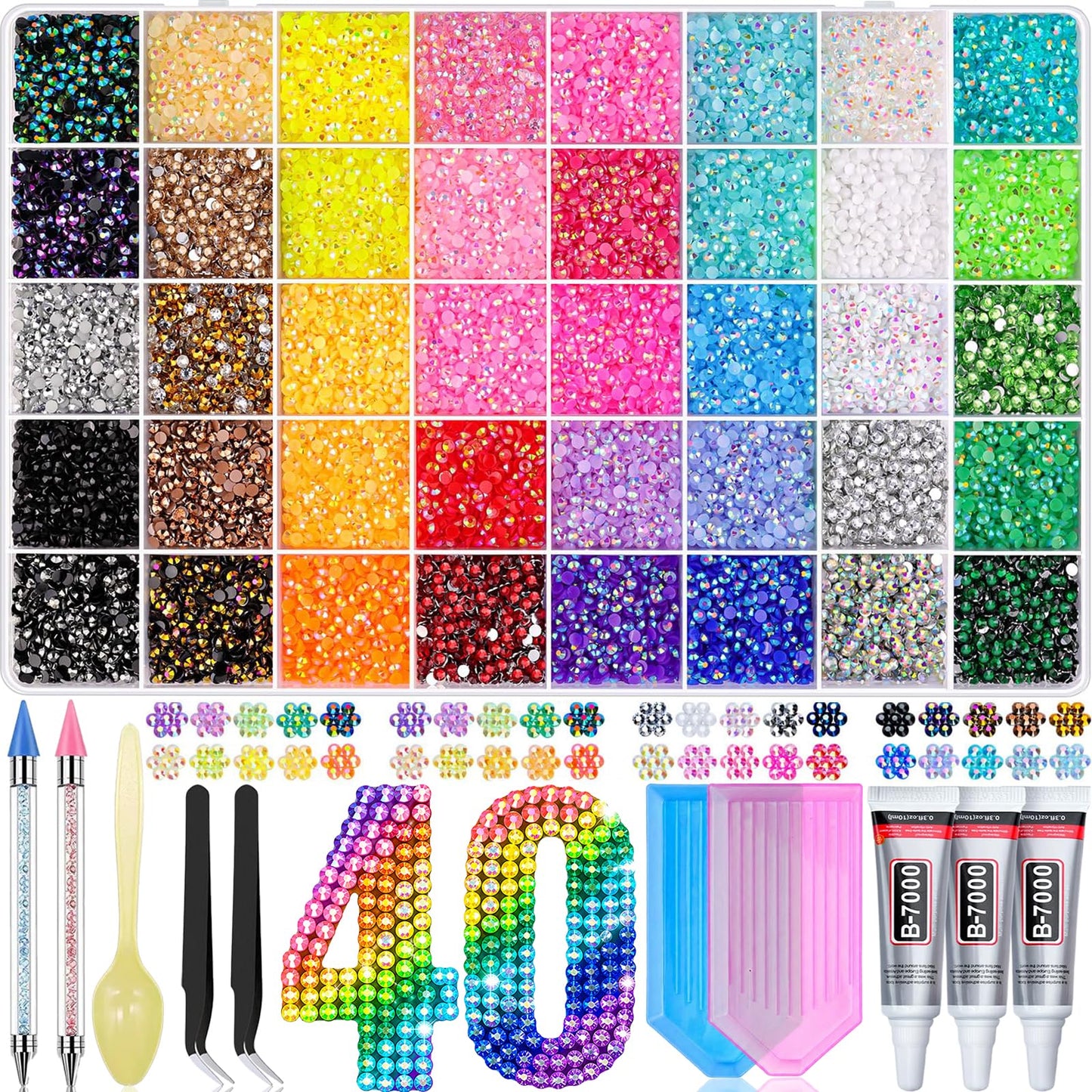 Lacuewa 40 Colors Rhinestone Kit for Bedazzling, 40000 Pcs 3mm Flatback Resin Jelly Rhinestones, All-in-One Bedazzling Kit with 3 Pcs B7000 Glue and Tools for Tumblers, Phone Cases, DIY Crafts