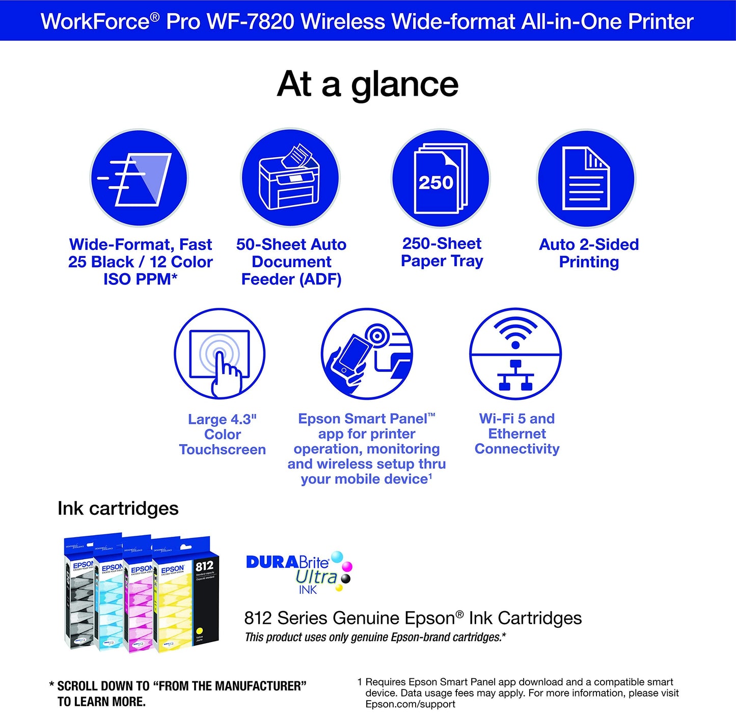 Epson Workforce Pro WF-7820 Wireless All-in-One Wide-Format Printer, Auto 2-Sided Print 13" x 19" Copy, Scan & Fax, 50-Page ADF, 250-sheet Paper Capacity, Works with Alexa - Black