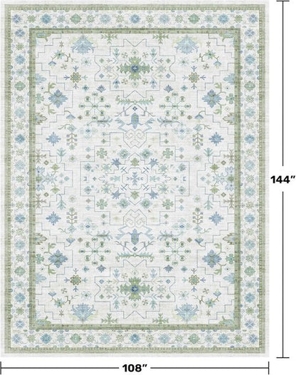 Green Area Rugs 9x12 by [Brand Name] - Washable Oriental Geometric Design | Extra Large Non-Slip Soft Faux Wool Carpet for Living Room, Bedroom, Dining Room