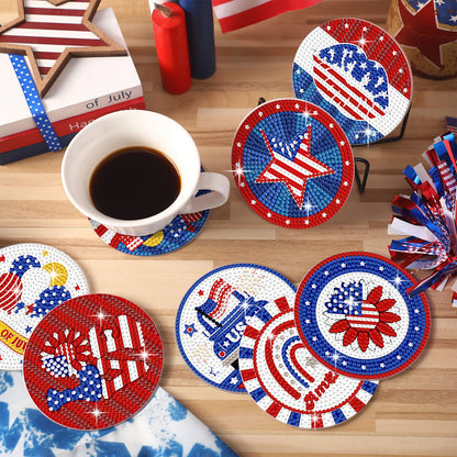 Shellwei 8 Pcs 4th of July Patriotic Diamond Painting Coasters Memorial Day USA Star Diamond Art Coasters with Holder 250th Anniversary Painting Kits Independence Day Decors for Adults DIY Craft Gift