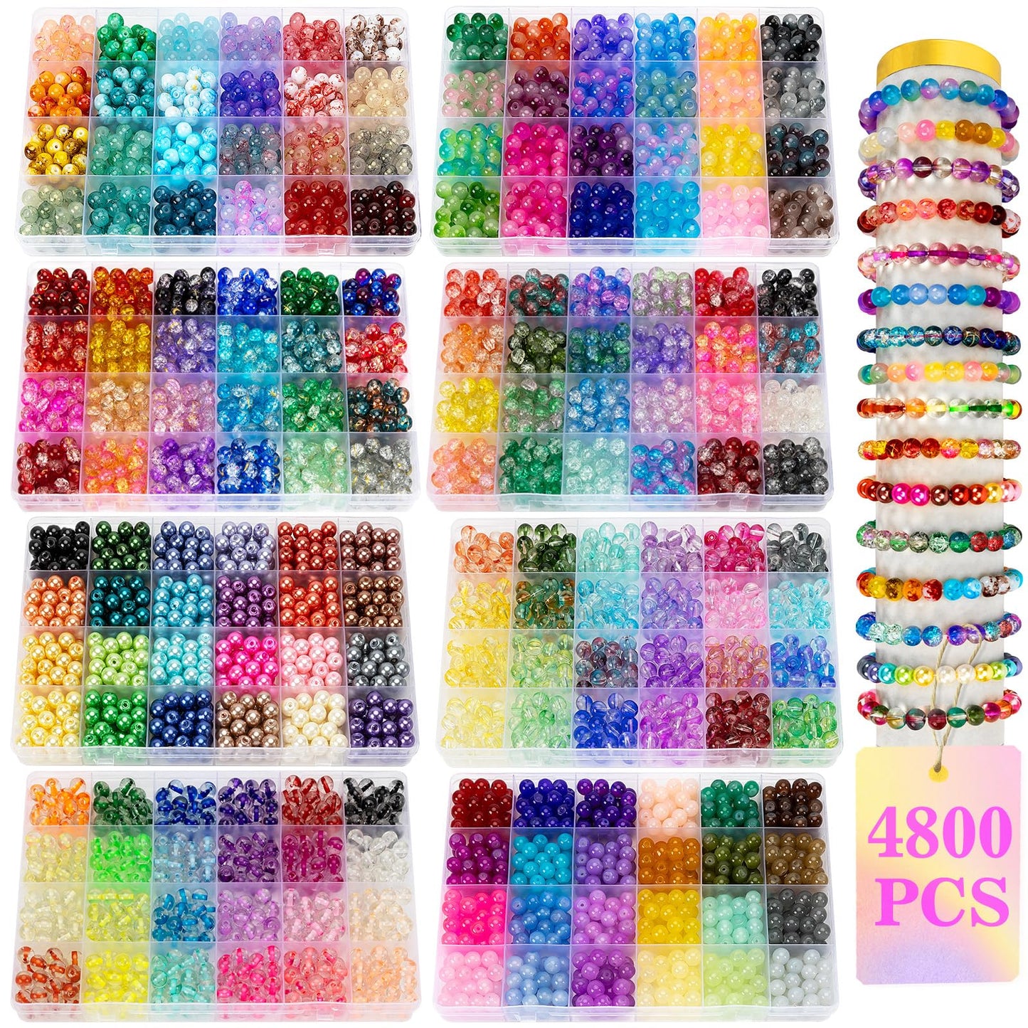 XSEINO 192 Colors 4800pcs 8mm Dream Candy Colorful Series Glass Beads Bracelet Making Kit,8 Box Different Unique Styles Crystal Bead for Making and DIY Crafts