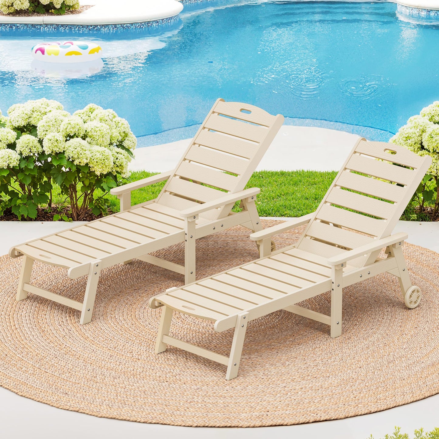 LUE BONA Outdoor Chaise Lounge Chairs Set of 2, HDPS Chaise Lounger, 5 Positions Adjustable Lounge Chairs, Pool Lounge Chair with Wheels for Poolside, Sand