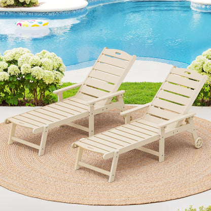 LUE BONA Outdoor Chaise Lounge Chairs Set of 2, HDPS Chaise Lounger, 5 Positions Adjustable Lounge Chairs, Pool Lounge Chair with Wheels for Poolside, Sand