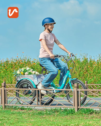 VIRIBUS Folding Tricycle for Adults, 20 inch 7 Speed Foldable Adult Tricycle for Women Men Seniors with Dual Chain, Folding 3 Wheel Bike with Lock, Collapsible Three Wheel Bicycle 330 lb. Teal