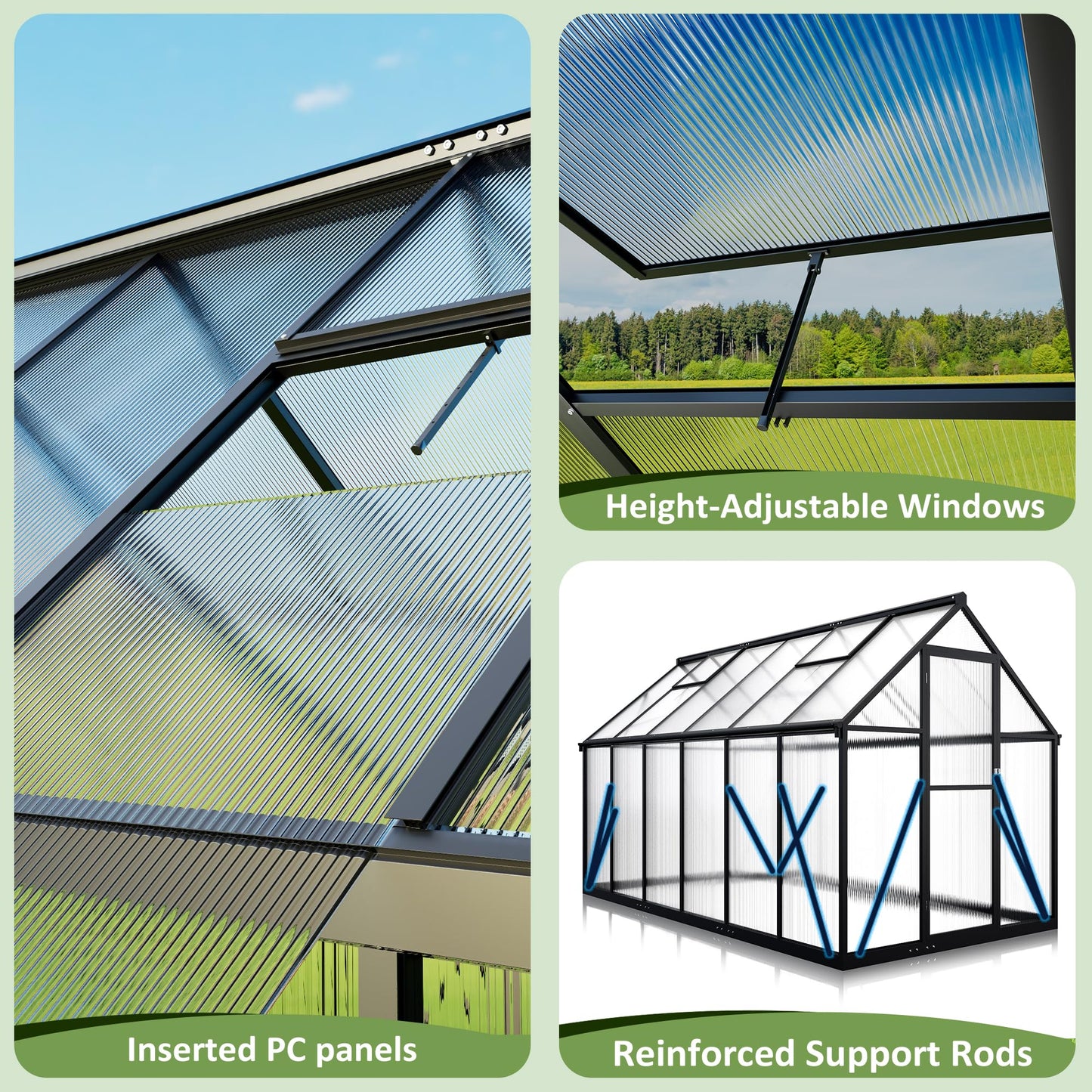 AirWire 6x10.86 FT Quick Setup Polycarbonate Greenhouse with Roof Vent, Large Heavy Duty Aluminum Walk-in Green House for Outdoor Garden Backyard Outsides, Black