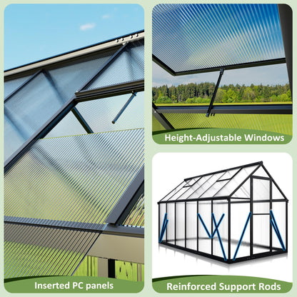 AirWire 6x10.86 FT Quick Setup Polycarbonate Greenhouse with Roof Vent, Large Heavy Duty Aluminum Walk-in Green House for Outdoor Garden Backyard Outsides, Black