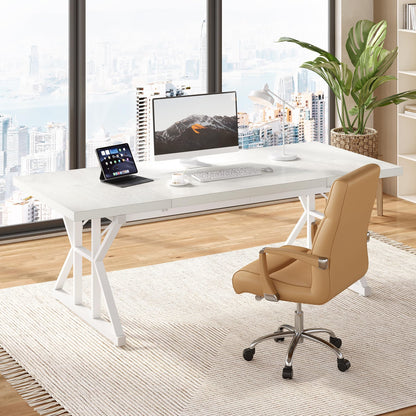 LITTLE TREE 70.8-Inch Large Executive Desk, Extra Long Computer Office Desk Workstation, Modern Simple Style Laptop Table, Sturdy Wooden Writing Workstation for Home White