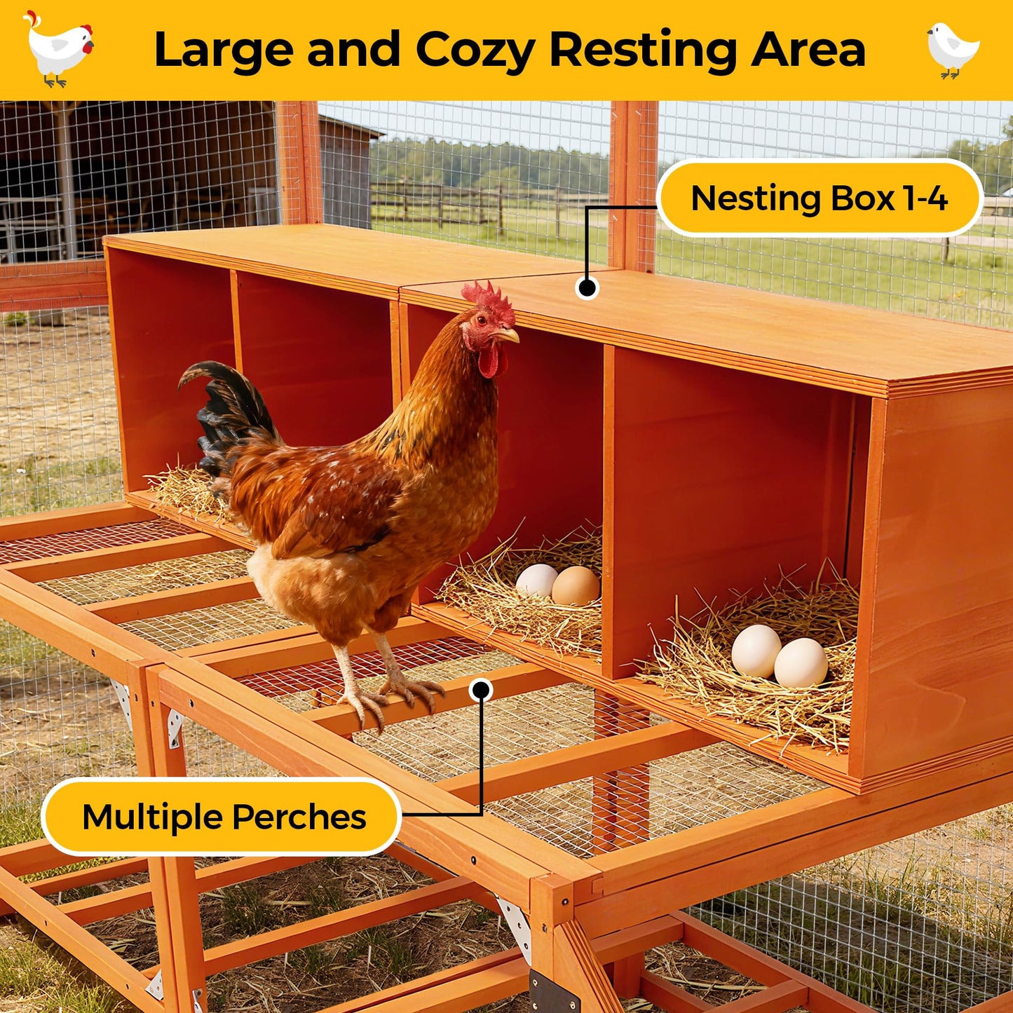 COZIWOW Chicken Coop with Full Waterproof Cover, 9' Extra Large Wooden Chicken House for 10-15 Chickens, 4 Nesting Boxes & Roosting Bars, Outdoor Walk-in Poultry Run, Orange