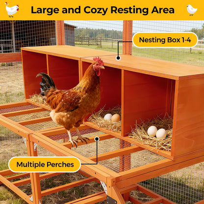 COZIWOW Chicken Coop with Full Waterproof Cover, 9' Extra Large Wooden Chicken House for 10-15 Chickens, 4 Nesting Boxes & Roosting Bars, Outdoor Walk-in Poultry Run, Orange