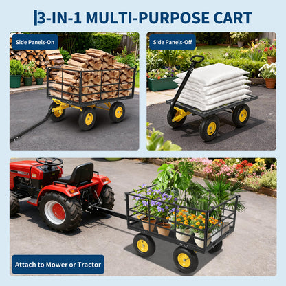 Patikuin 1500 lbs Heavy Duty Steel Garden Cart – Removable Mesh Sides – 13-Inch All-Terrain Wheels – Swivel Yellow Handlebar – Quick Dump – Folding Utility Yard Wagon for Soil, Tools, Plants – Black