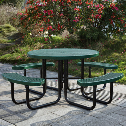 Sunnibety 8-Person Picnic Tables for Outdoors, Industrial 46" Expanded Metal Round Picnic Table with 4 Benches & Umbrella Hole, Outside Table and Bench Set for Park, Garden, Backyard, Patio, Green