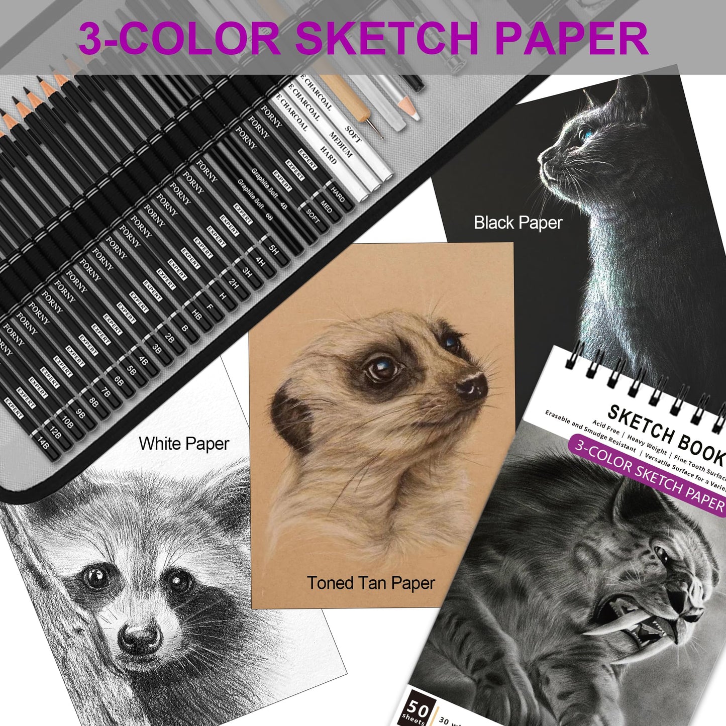 HIFORNY 60 Pcs Drawing Kit Sketching Pencil Set,Sketch Pencils Art Supplies with 3-Color Sketchbook,Graphite,Charcoal,Drawing Pencils for Adults Artists