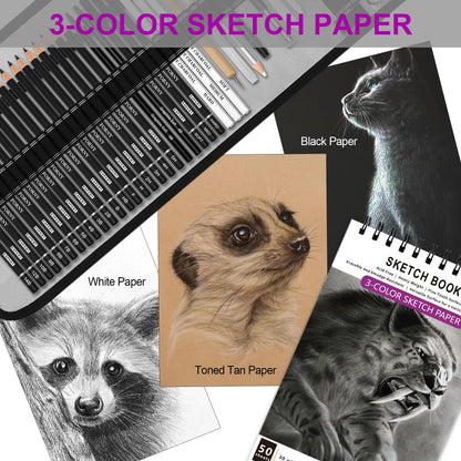 HIFORNY 60 Pcs Drawing Kit Sketching Pencil Set,Sketch Pencils Art Supplies with 3-Color Sketchbook,Graphite,Charcoal,Drawing Pencils for Adults Artists