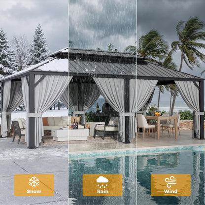 IRONCK 20'x12' Hardtop Gazebo, Update Aluminum Frame Gazebo with Galvanized Steel Double Roof, Outdoor Pergola with Curtain and Net, Backyard Canopy for Garden, Deck, Gray and Black