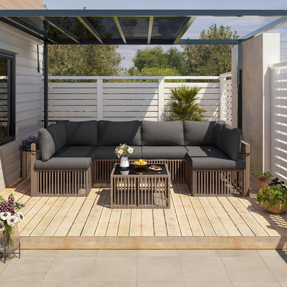 Pamapic 7 Piece Outdoor Sectional Sofa Set, All-Weather Patio Furniture with Washable Cushions, Waterproof Brown Rattan Wicker Conversation Set for Backyard, Poolside, Gray Cushion
