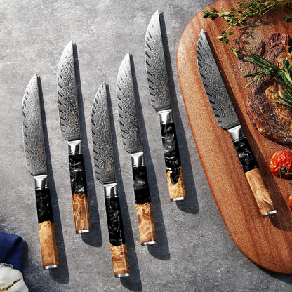 SENKEN Damascus Steak Knife Set - Black Tsunami Collection - 67-Layer Japanese VG10 Steel - Razor Sharp Non-Serrated Blades, Black Resin & Burl Wood Handles, Luxury Gift Box