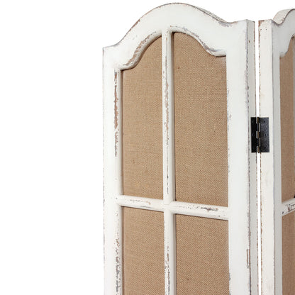 Solid Wooden 3 Panel Room Dividers and Folding Privacy Screens, Handcrafted Rustic 6Ft Tall Room Divider Wall, Wood&Linen Unique Freestanding Room Partition White, Privacy Panel for Bedroom Outdoor
