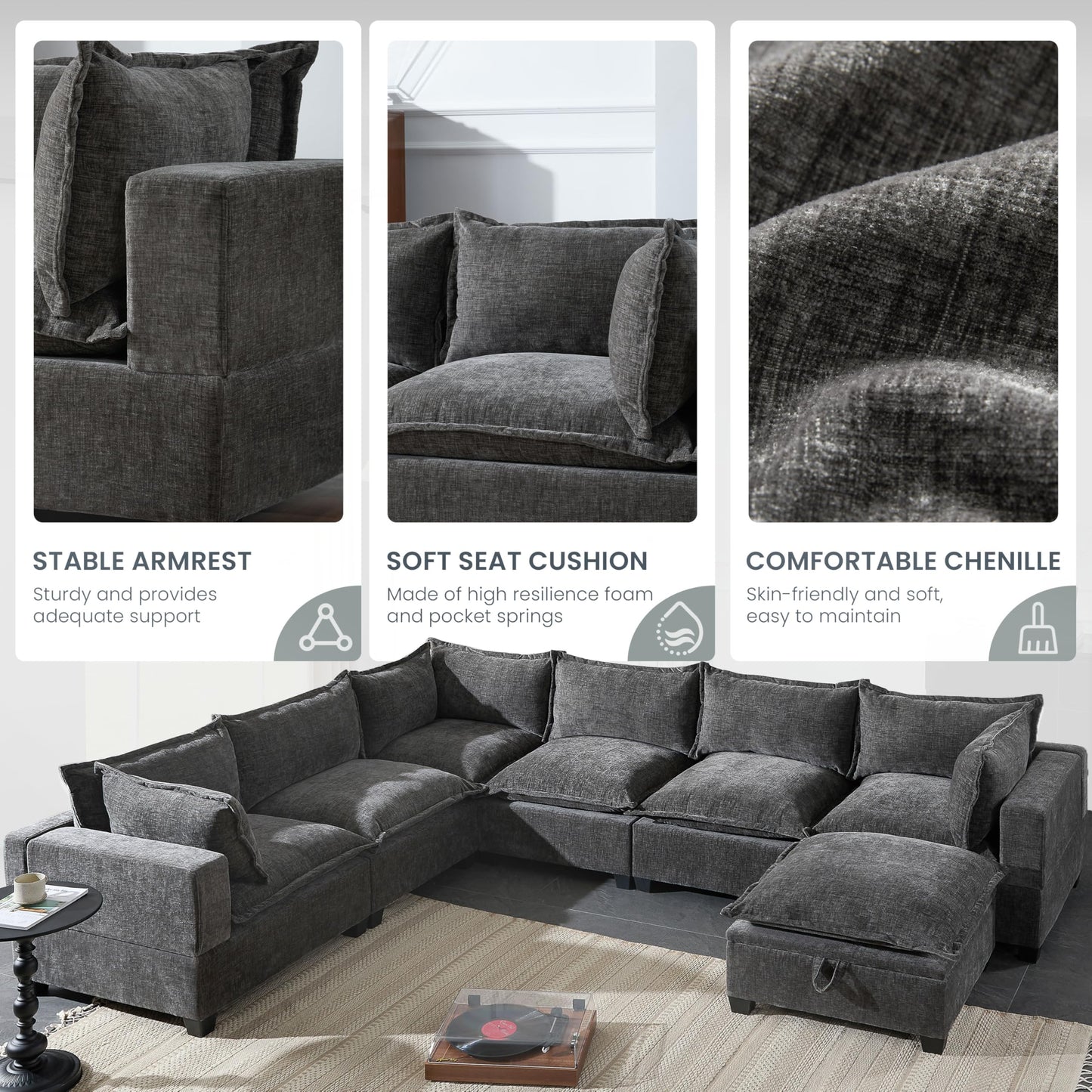 Merax Modern Oversized U-Shaped Sectional Sofa with Piollows & Chaise Lounge, Chenille 7-Seat Couch Set Sleeper Bed with Storage Ottoman for Living Room Gray
