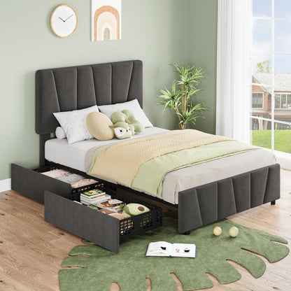 Twin Size Bed Frame with Upholstered Headboard & 2 Storage Drawers with Wheels, Platform Bed Frame with Wooden Slat Support, Adjustable Headboard, No Box Spring Needed, Noise-Free, for Bedroom