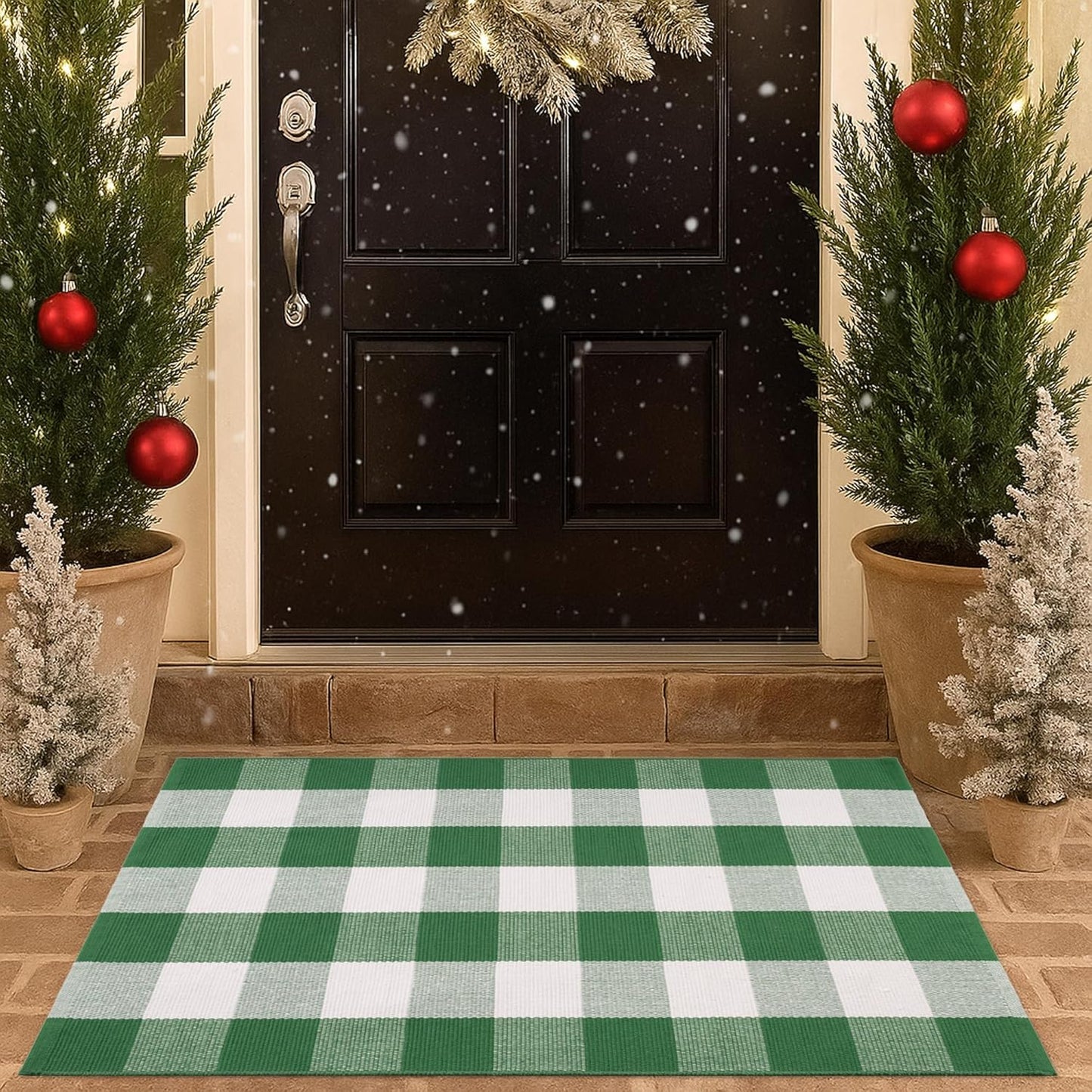 28 43 Inches Christmas Green & White Plaid Rug - x Outdoor Front Door Decor Mat Cotton Washable Hand-Woven Rug