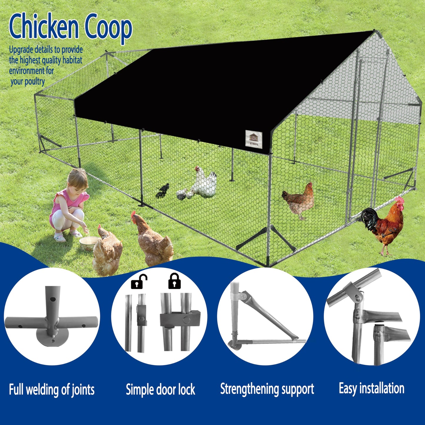 Chicken Runs for Yard with Cover, Metal Chicken Coop, Upgraded Anti-UV 180g/㎡ PE Cloth & 1.1mm Thickened PVC-Coated Hexagonal Chicken Wire Mesh & More Galvanized Steel Standpipes,19.7×9.8×6.4FT