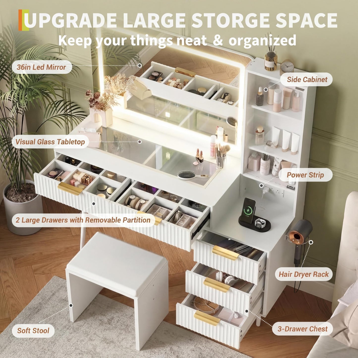 GarveeHome Fluted Vanity Desk with Mirror and Lights, 48" Large Makeup Vanity with Glass Top, 3 Modes LED Lighting with Adjustable Brightness, Dressing Table with Charging Station and Stool, White