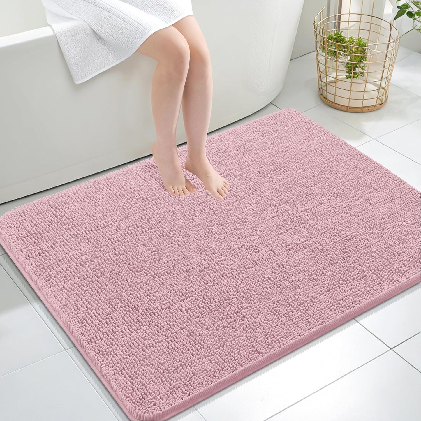 OLANLY Large Bathroom Rugs - Extra Soft Chenille Bath Mats | Quick Dry, Machine Washable, Dusty Rose 40x32