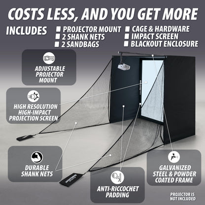 Complete Golf Simulator Enclosure Package – 4K-Ready Impact Screen with Blackout Cage, Projector Mount, Frame Poles, Side Shank Nets | Indoor & Garage Practice | Easy Setup | 12-Month Warranty