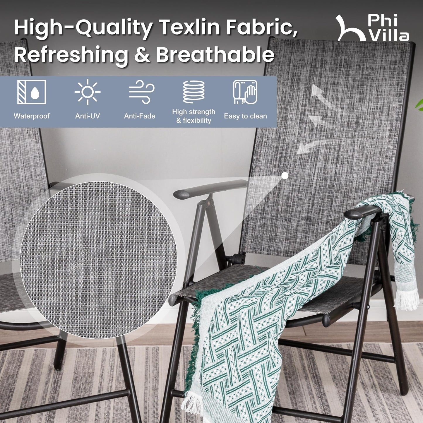 PHI VILLA Outdoor Patio Dining Set with 10ft Umbrella for 4, Outdoor Table Chairs Set with Adjustable Folding Patio Chair for Garden