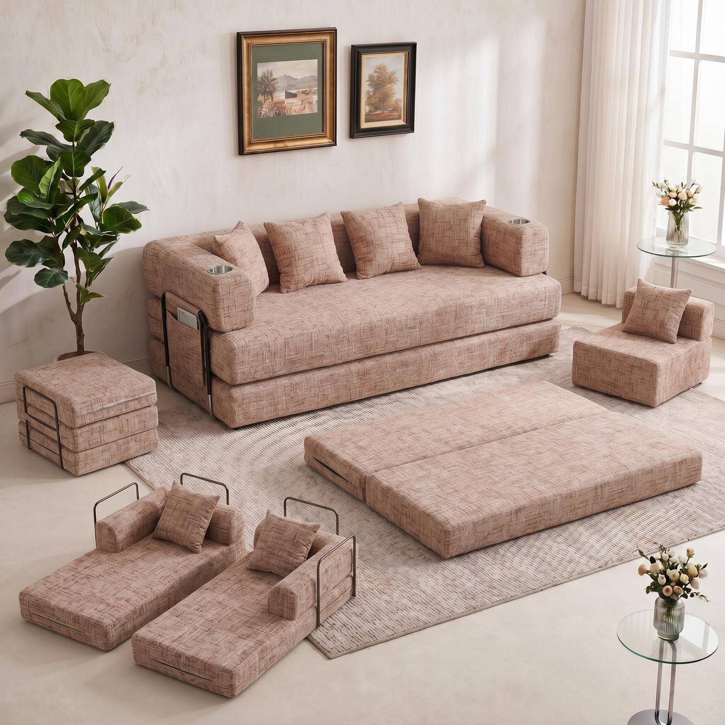 5-in-1 Convertible Sofa Bed Sleeper, 79" Corduroy Floor Couch with 4 Pillows, Boneless Deep Seat Futon Mattress, No Assembly, Modern Lounge Sofa for Living Room, Apartment, Small Spaces, Pink