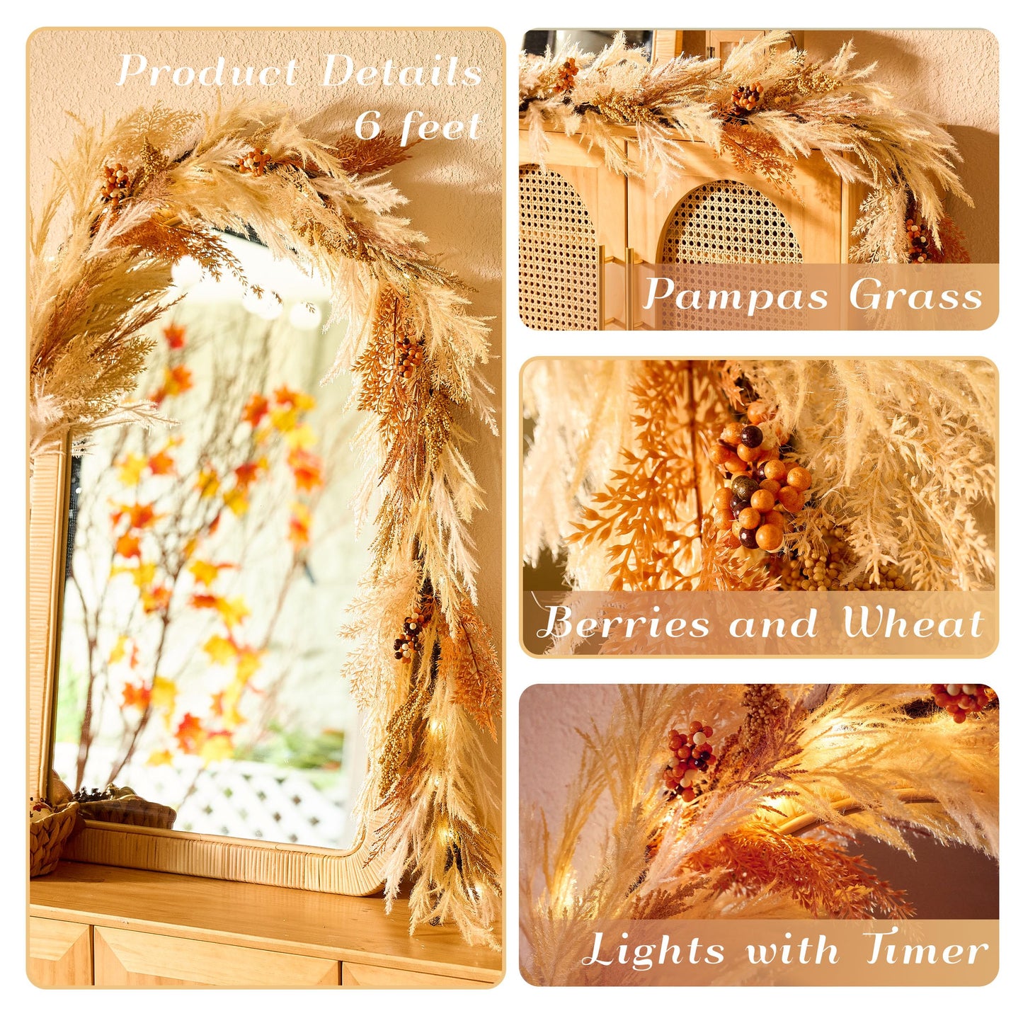 DecorbyHannah Fall Garland for Mantle with Lights, 6ft Pre-Lit Light Up Artificial Faux Pampas Grass Garland with Pine Branch Berry Thanksgiving Decor for Indoor Home Table Mantle Decoration