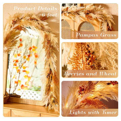 DecorbyHannah Fall Garland for Mantle with Lights, 6ft Pre-Lit Light Up Artificial Faux Pampas Grass Garland with Pine Branch Berry Thanksgiving Decor for Indoor Home Table Mantle Decoration