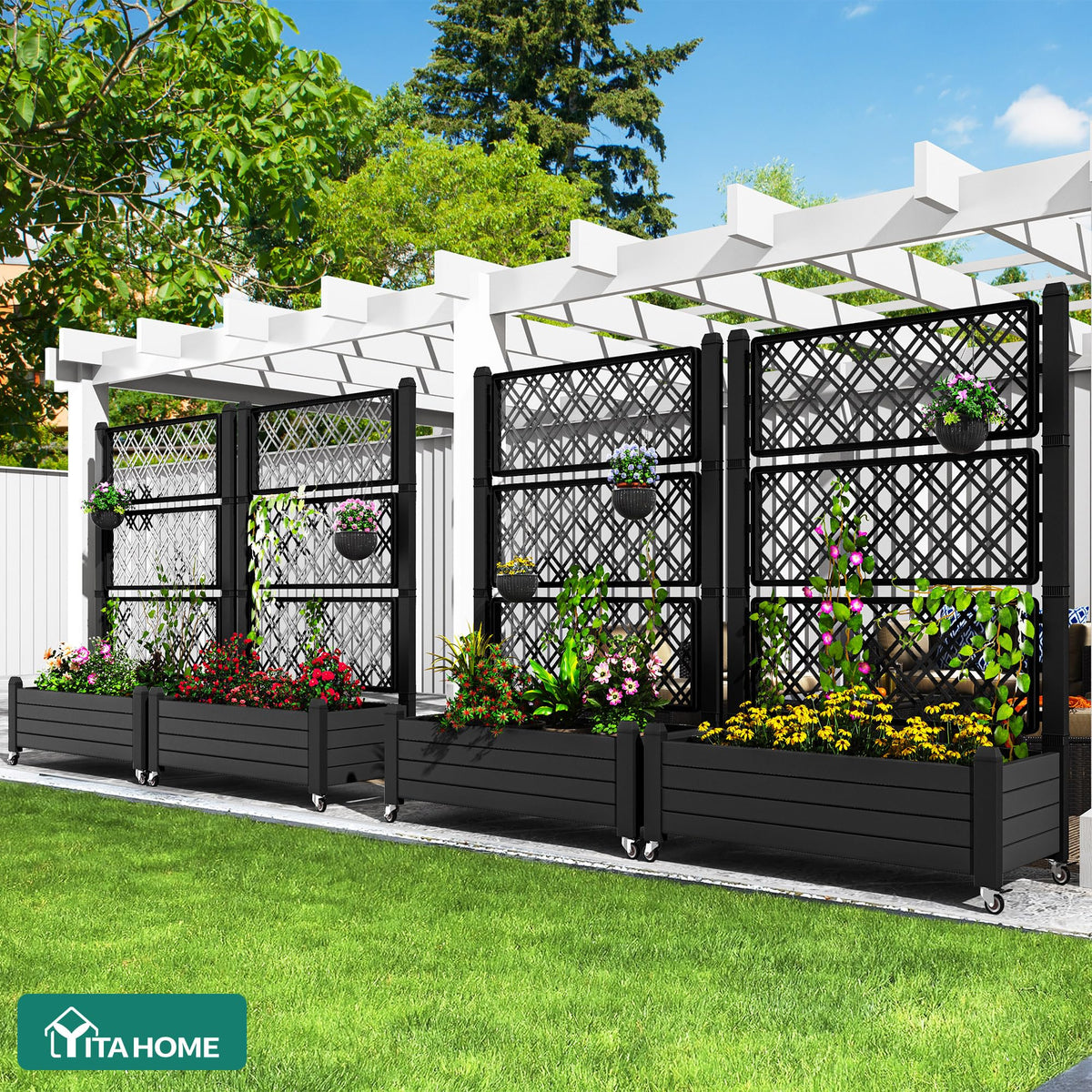 YITAHOME 43.3x17.7x61 in Planter Box with Trellis 2pcs Outdoor Resin Raised Garden Bed with Wheels & Drain Plug for Climbing Plants, Weather-Resistant Outdoor Privacy Screen, Black