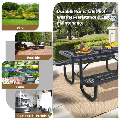 Sunnibety 6FT Metal Picnic Tables for Outdoors, Commercial Rectangular Picnic Table and Bench Set for Outside, Patio, Garden, Backyard, Porch, Surface Mount, Black